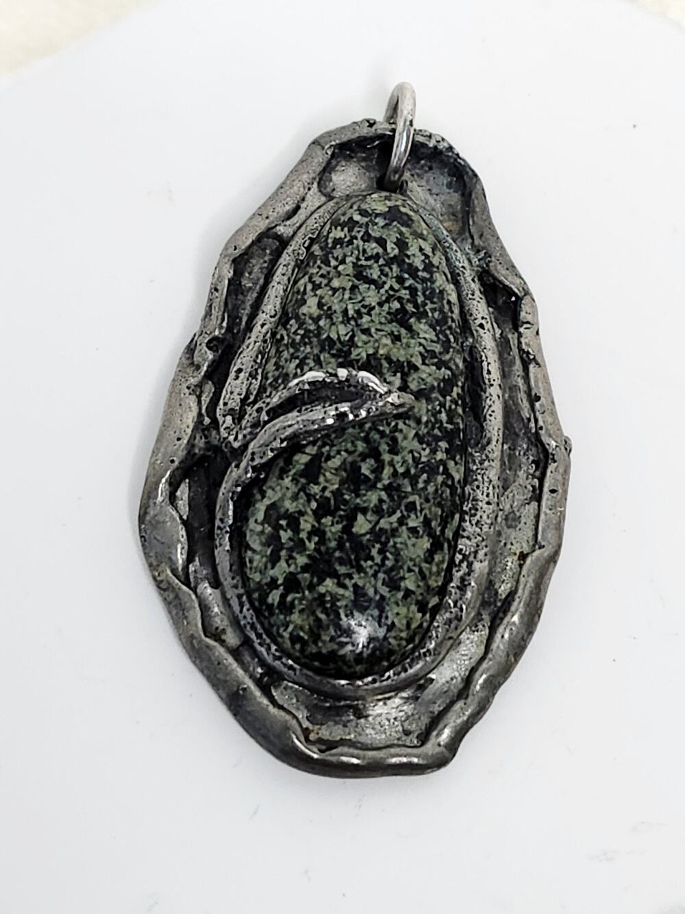 Vintage Handmade Nickel Silver Pewter Pendant Polished Black Green Stone 2 In